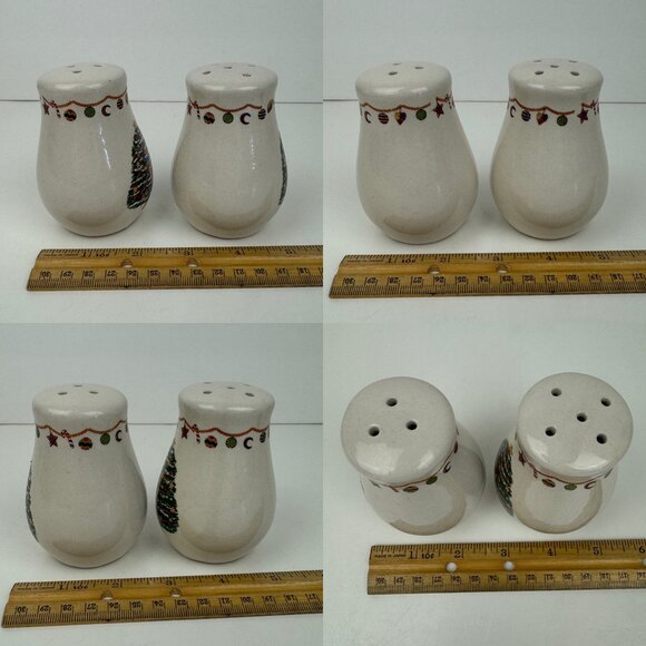 Vtg Christmas Holiday Stoneware Salt Pepper Shakers Set Tree Decor 3.5in Tall - Picture 4 of 9